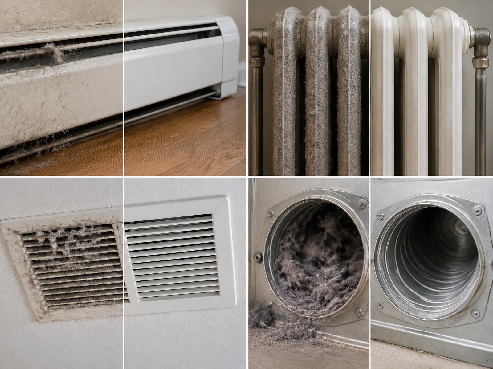 Baseboard heater before and after cleaning